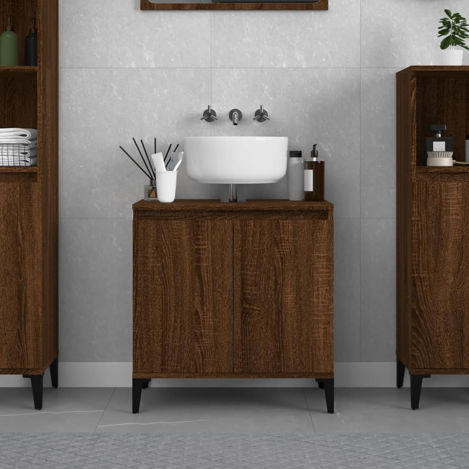 Brown Oak Bathroom Sink Cabinet | Under Sink Storage Unit 58x33x60cm