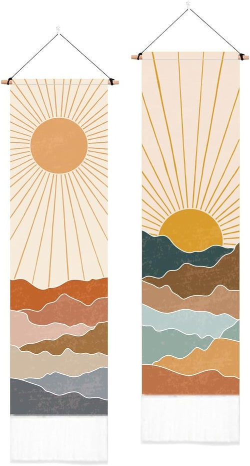 Boho Sunset Wall Tapestry Set Rainbow Sea Tassels 52x13