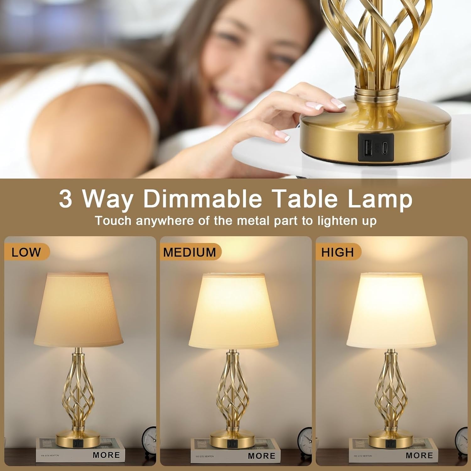 Gold Bedside Lamps Set of 2 USB Charging 3-Way Touch White Shade 47cm