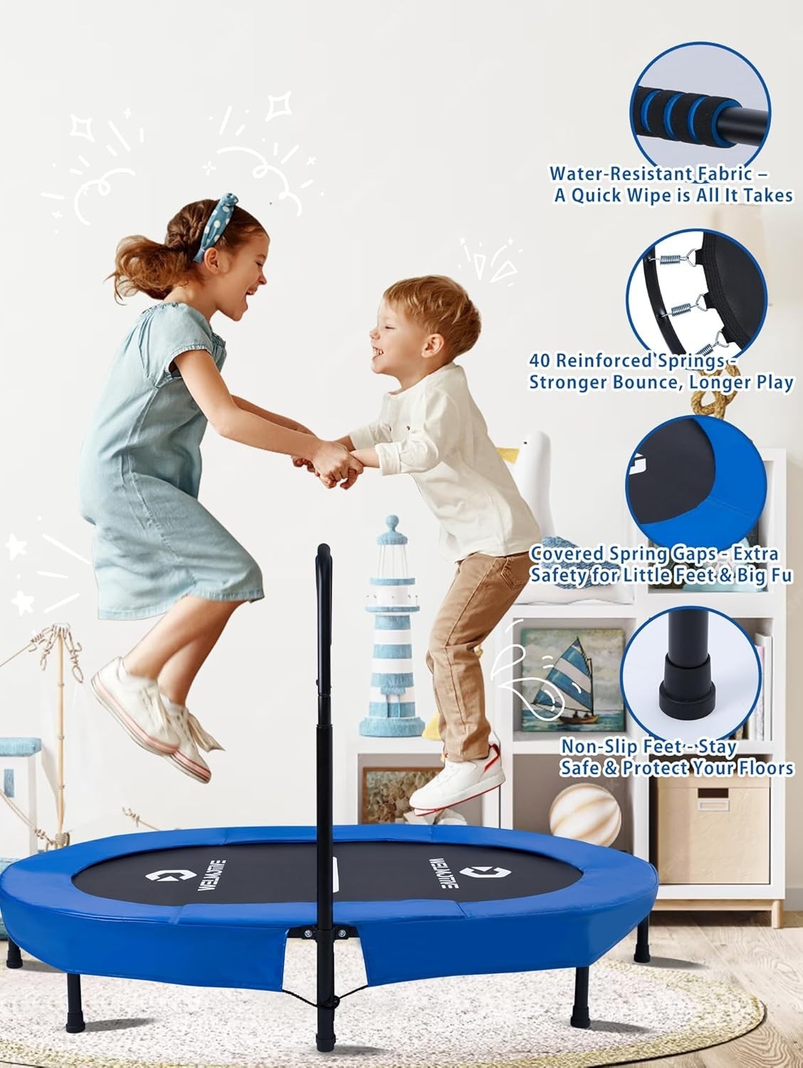 Foldable Oval Indoor Trampoline Quiet Rebounder Handle 150KG