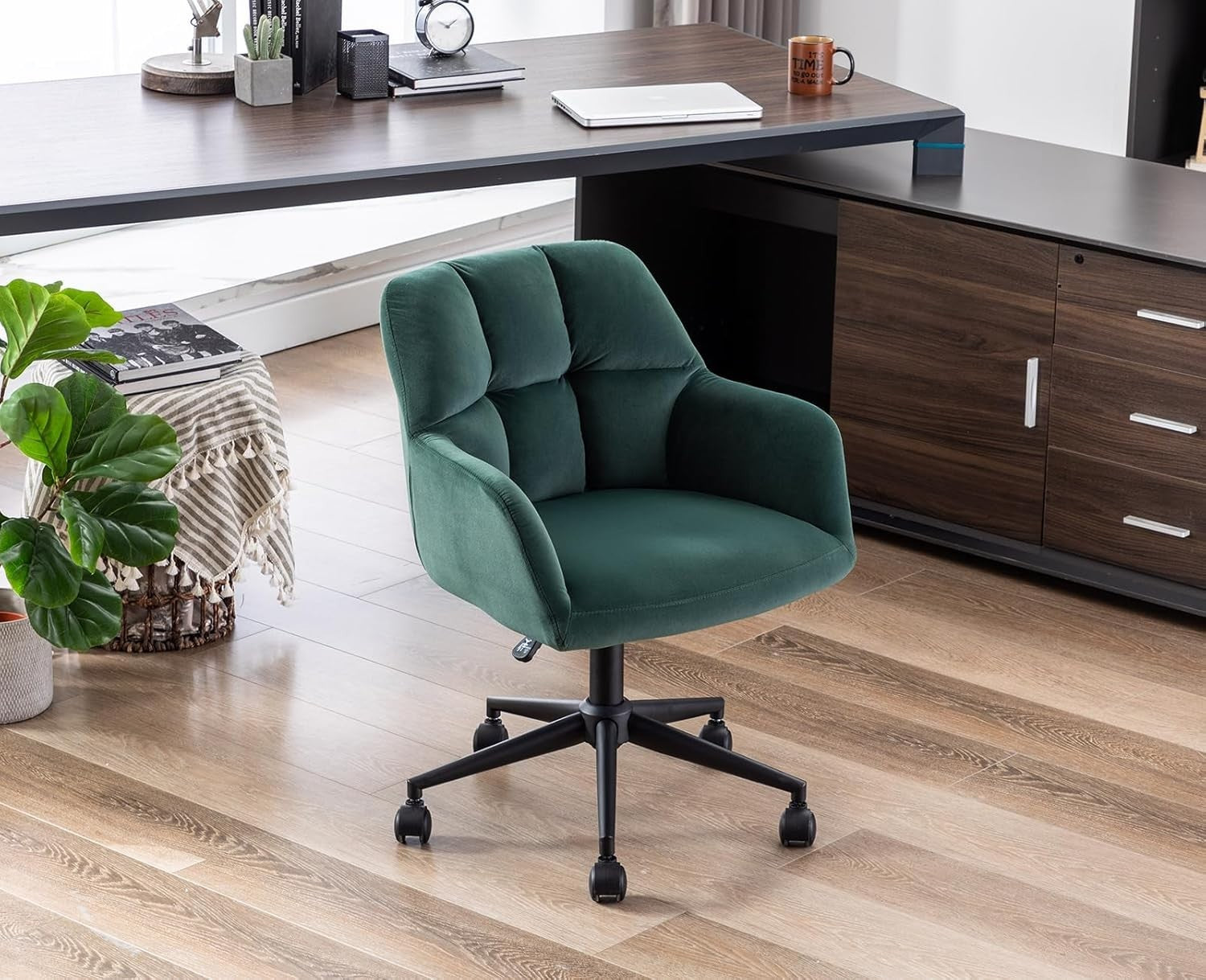 Green Velvet Office Chair Swivel Desk Chair Padded Seat Solid Back Home Study