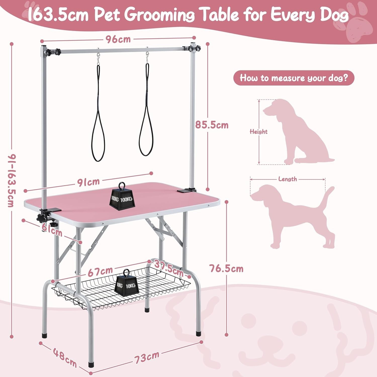 Foldable Pet Grooming Table 91cm Dog Cat Non Slip Adjustable Arm Pink