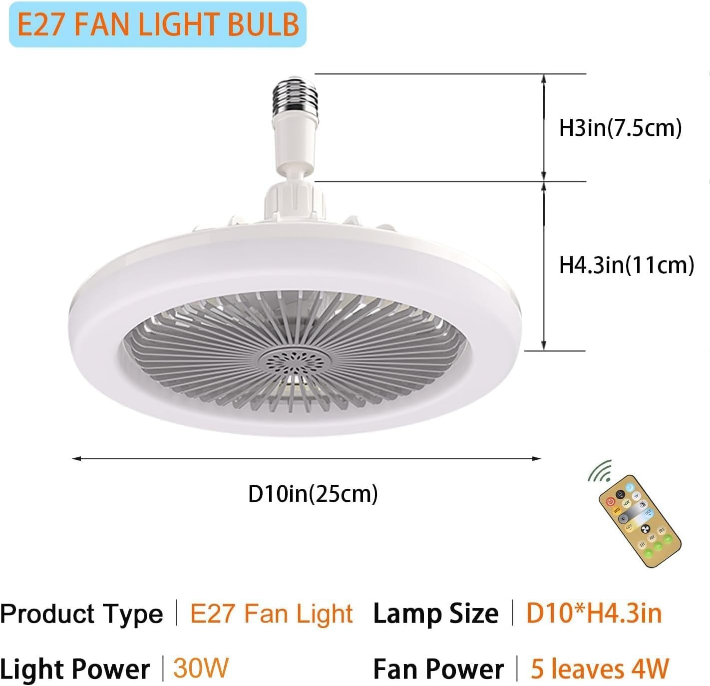 30W Ceiling Fan, 3 Speeds, 3 Color Dimmable LED, Remote, Modern Design
