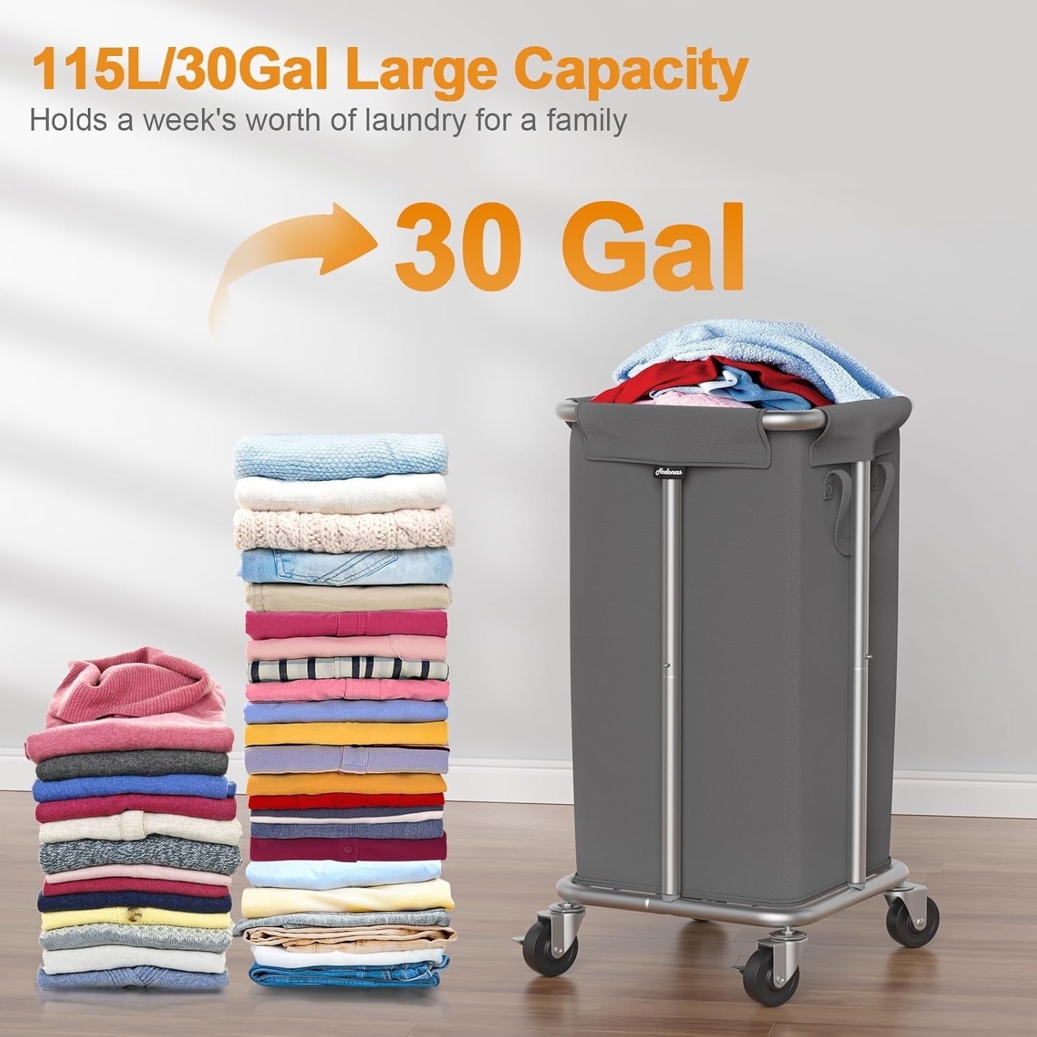 115L Grey Rolling Laundry Hamper with Wheels Steel Frame Washable Removable Bag