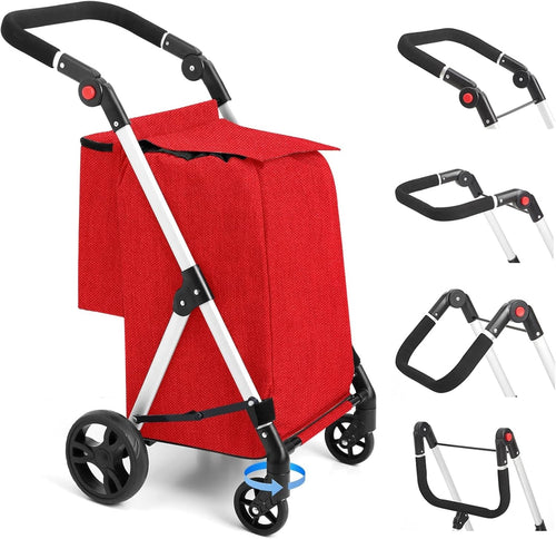 4 Wheel Grocery Shopping Trolley 46L | Foldable Aluminium Cart | Red