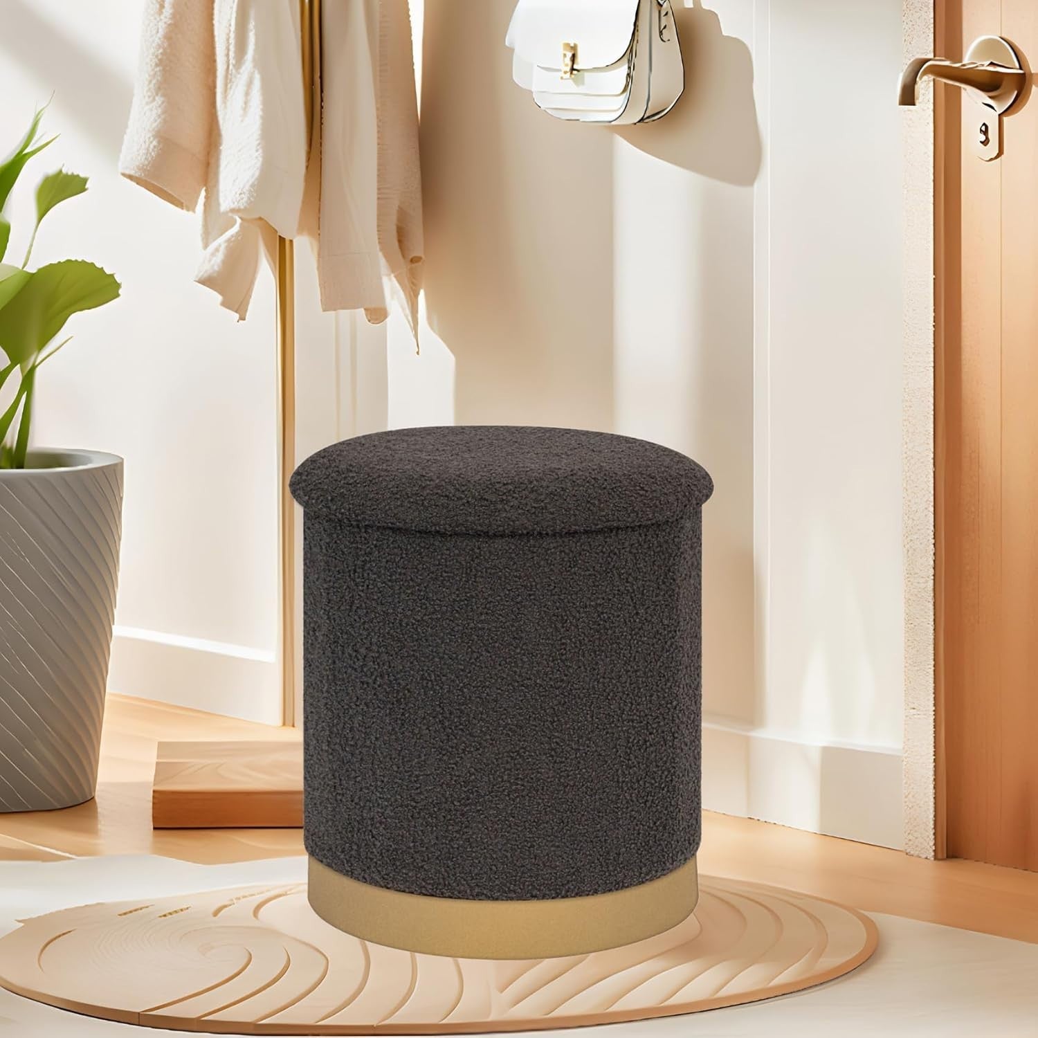 Grey Boucle Large Round Storage Ottoman Foldable Footrest with Tray Lid
