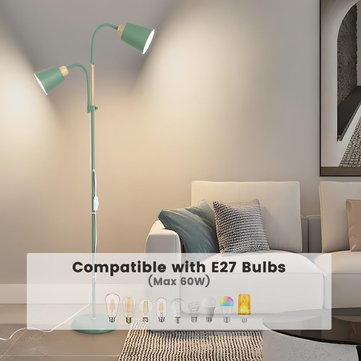 Green Mother Child Floor Lamp Adjustable Reading Light Double Head E27