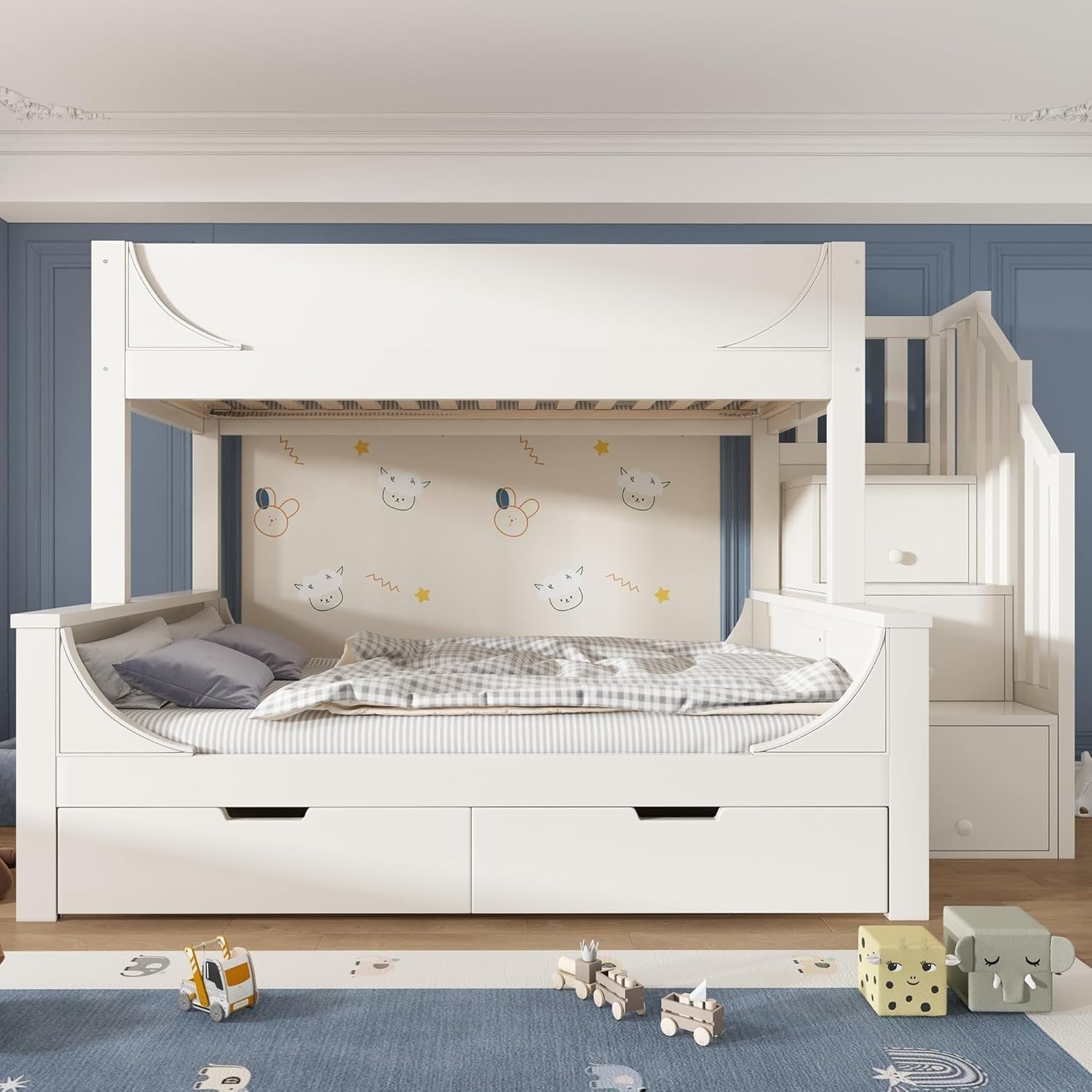 Space-Saving Double Bunk Bed with Storage Drawers & Stairs, Kids Safe