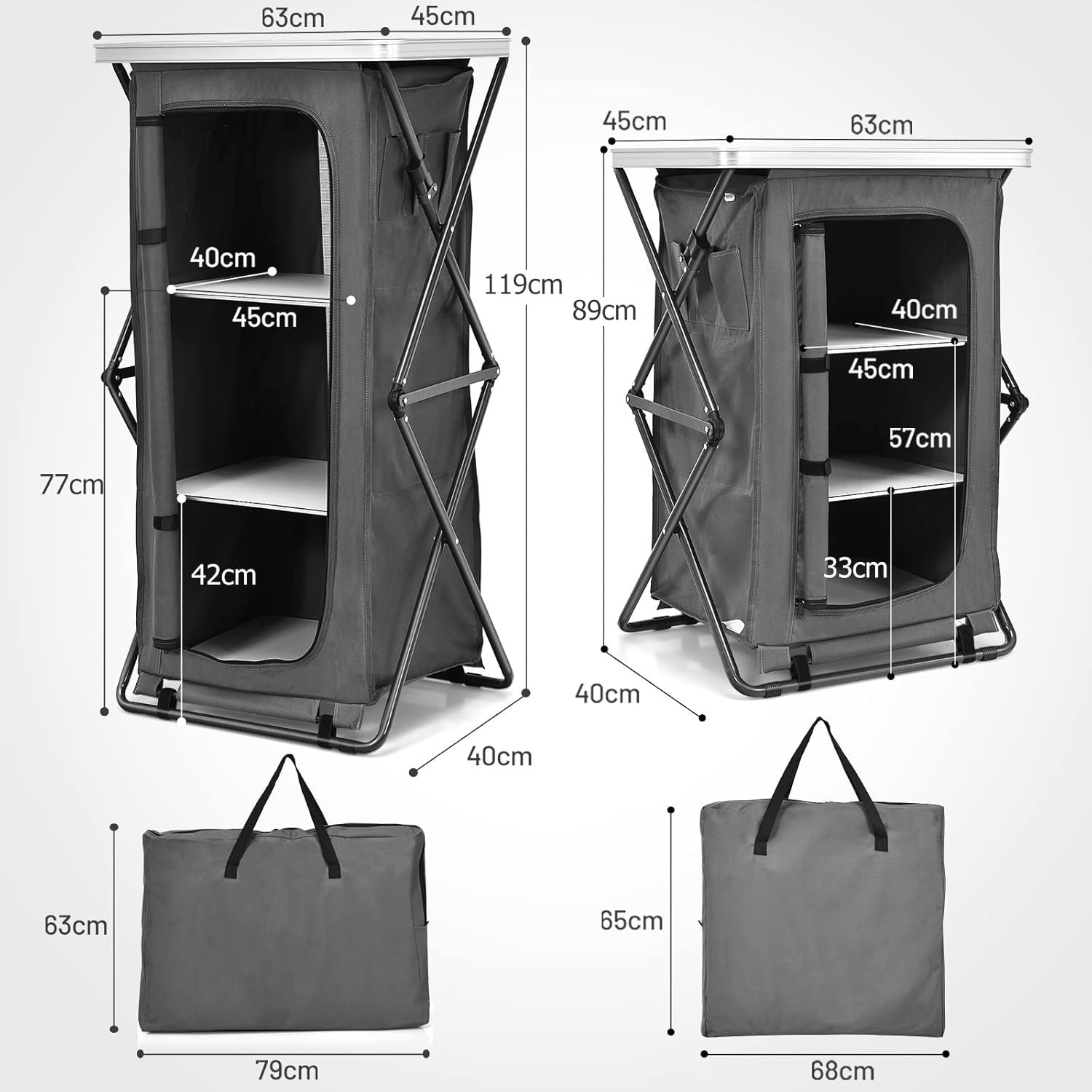 Portable Folding Camping Storage Cabinet with 3 Compartments & Side Pockets