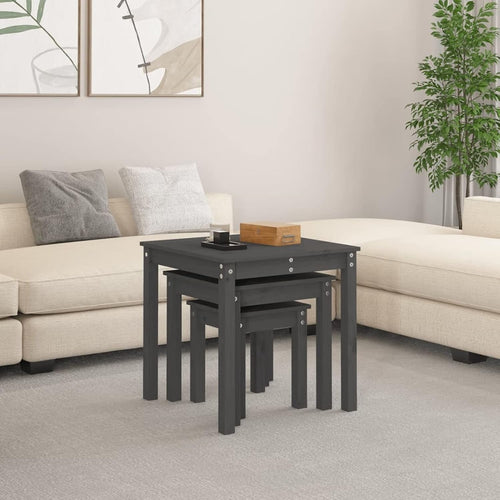 Grey Pine Wood Nesting Side End Tables Set of 2 Storage Living Room Furniture