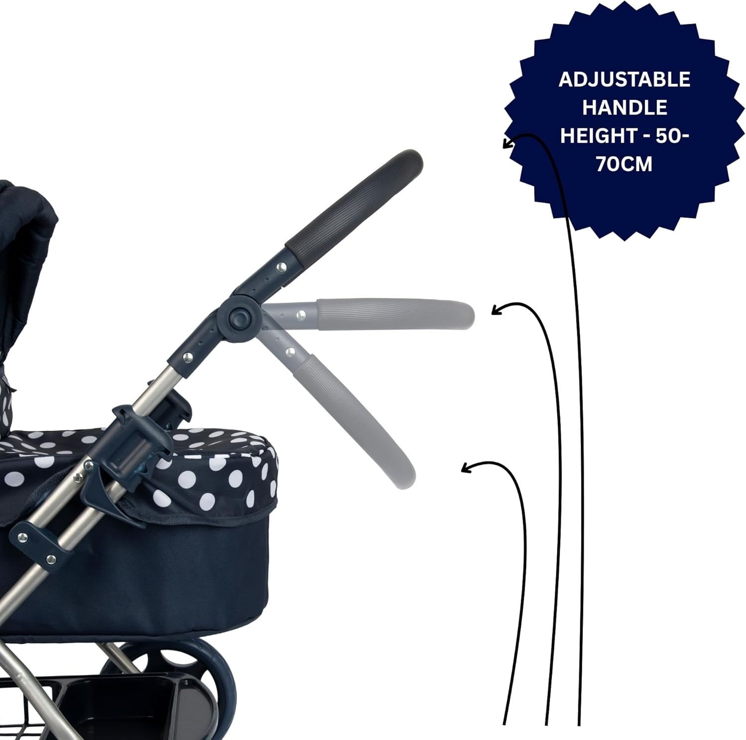 Cherish Dolls Pram Navy & White Foldable Stroller Adjustable Handle 3+
