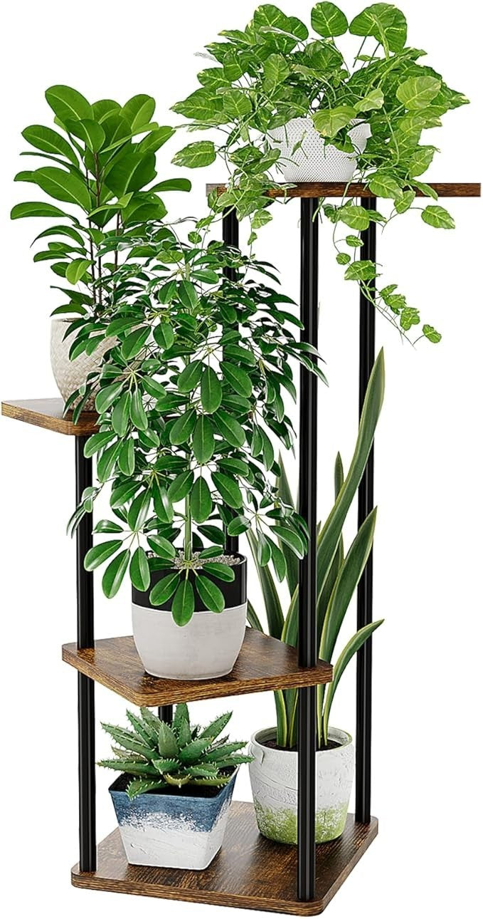 4 Tier Metal Wood Plant Stand Indoor Outdoor Corner Flower Rack 30x80x43cm