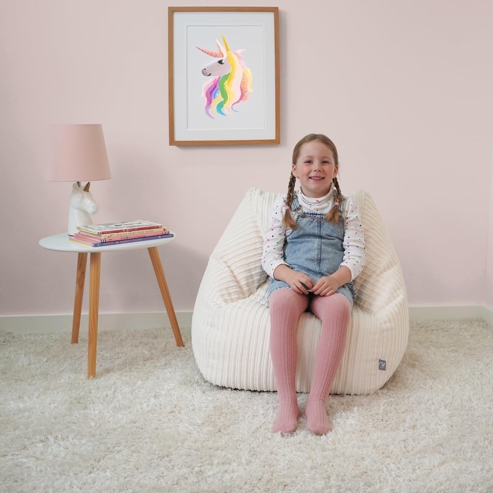 Kids Corduroy Bean Bag Chair & Footstool – Ivory, Washable, 70x80x60cm