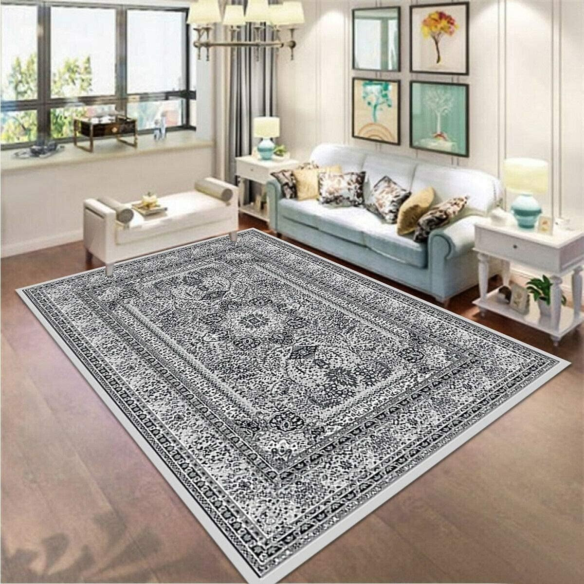 Large Vintage Grey Area Rug 200x290cm Soft Low Pile Traditional Living Room