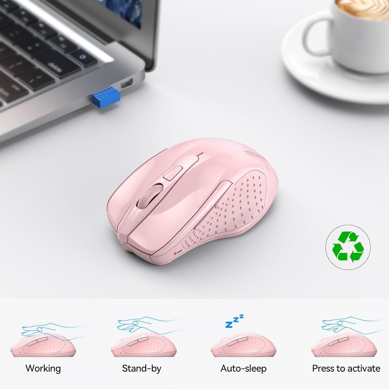 Pink Silent Bluetooth Mouse 4800DPI Rechargeable Ergonomic Laptop Office PC