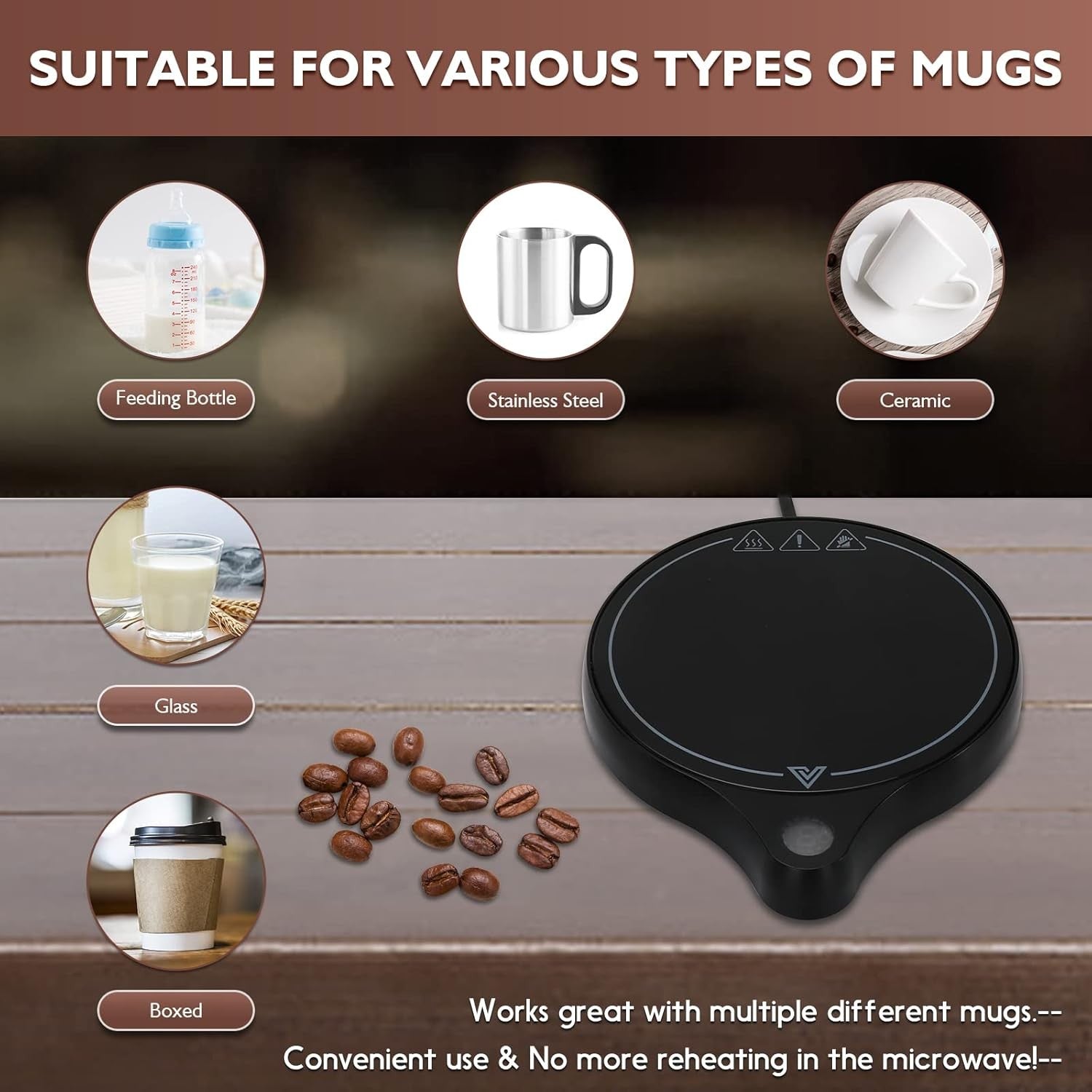 Black 200W Coffee Mug Warmer 5 Temp Desk Cup Heater 8H Auto Off