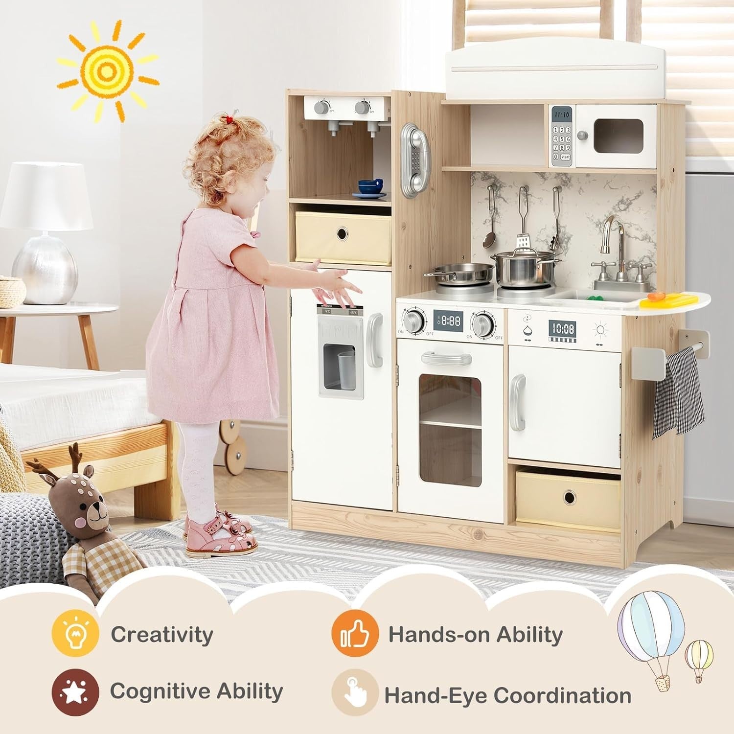 Kids Wooden Play Kitchen LED Lights Coffee Maker Accessories Set