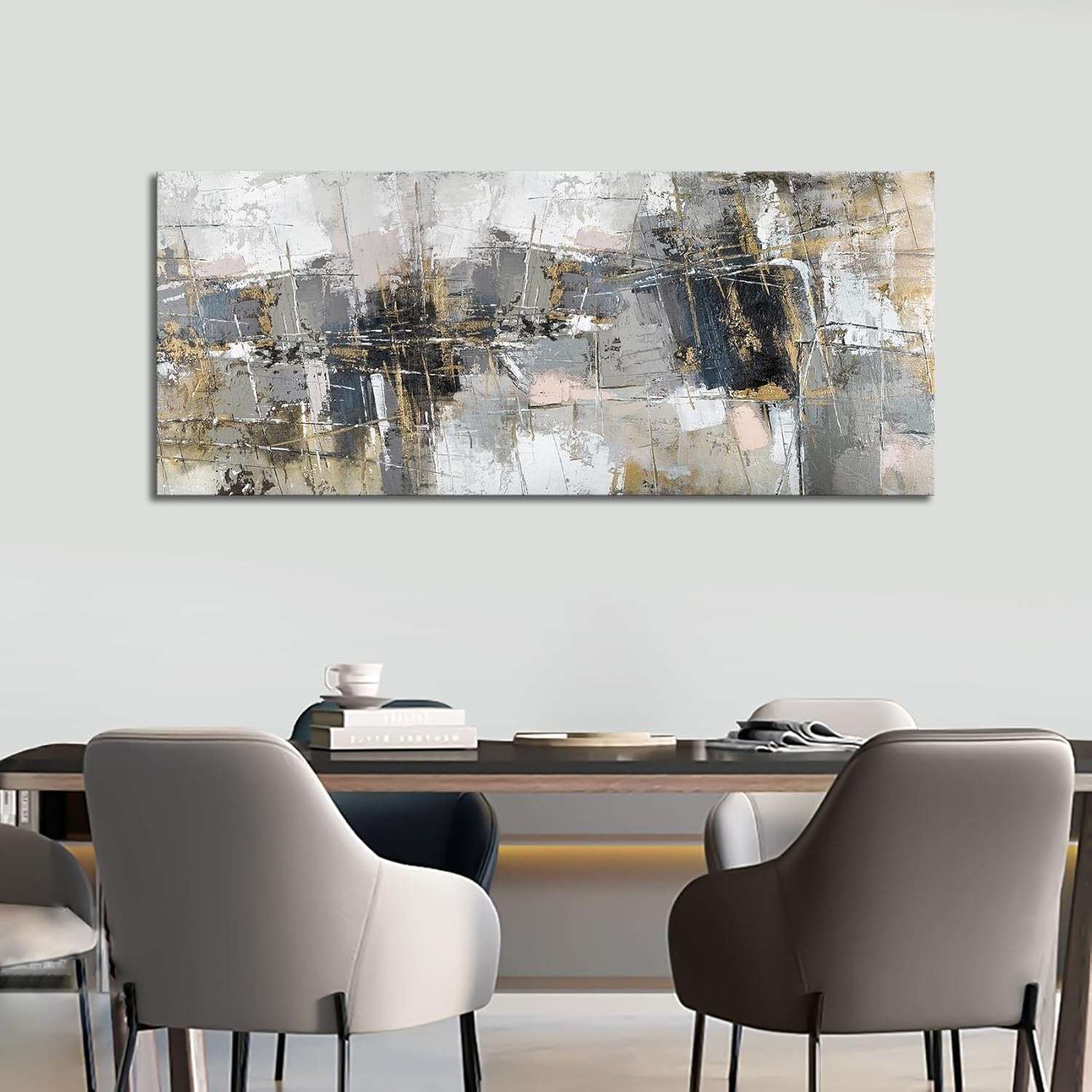 Large Grey Abstract Canvas Wall Art 20x48" Modern Framed Decor
