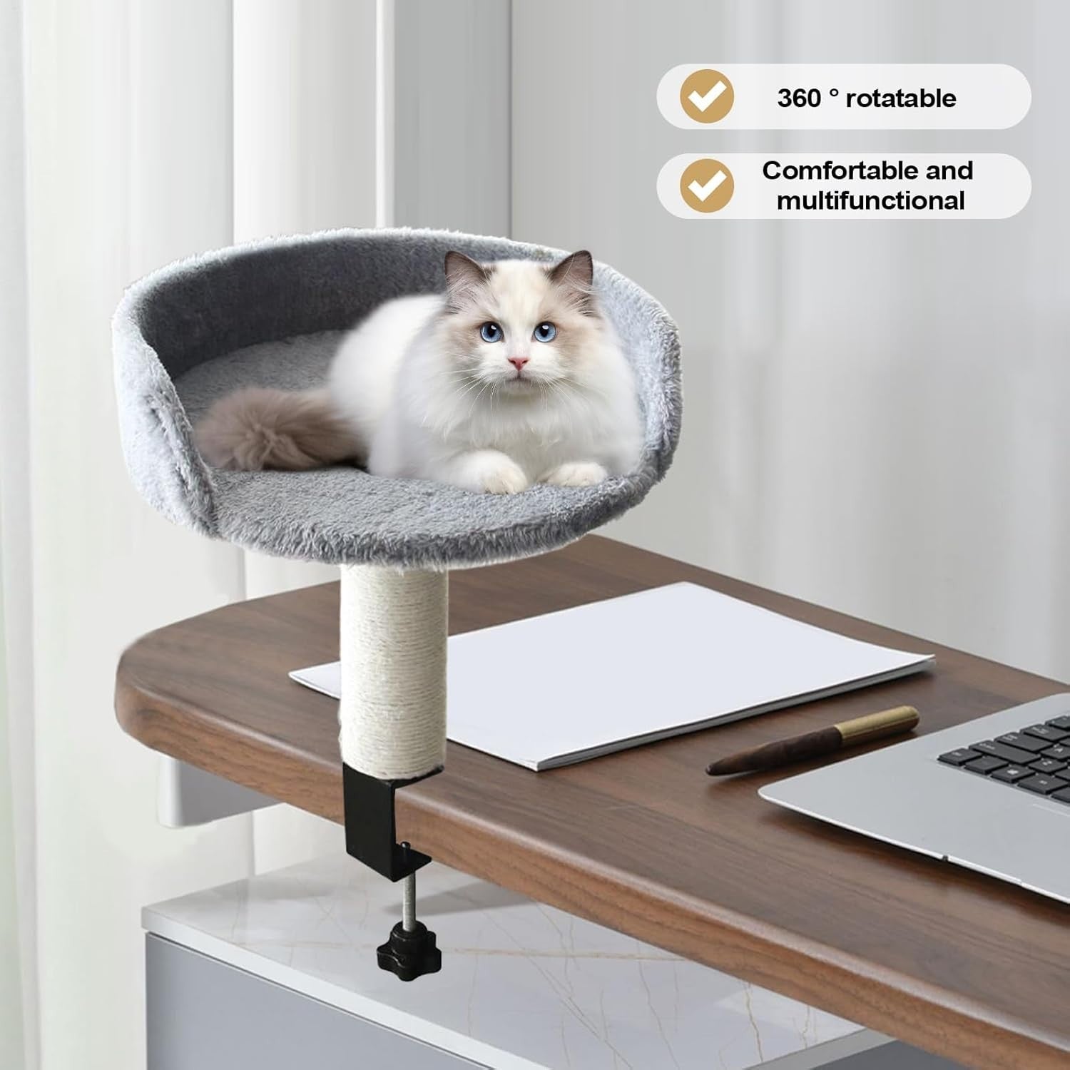 Desk Mounted Cat Bed Hammock w/ Scratching Post Removable Soft Pad
