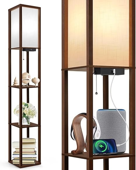 Floor Lamp with Shelves USB Type C Dimmable LED Wooden Standing Light