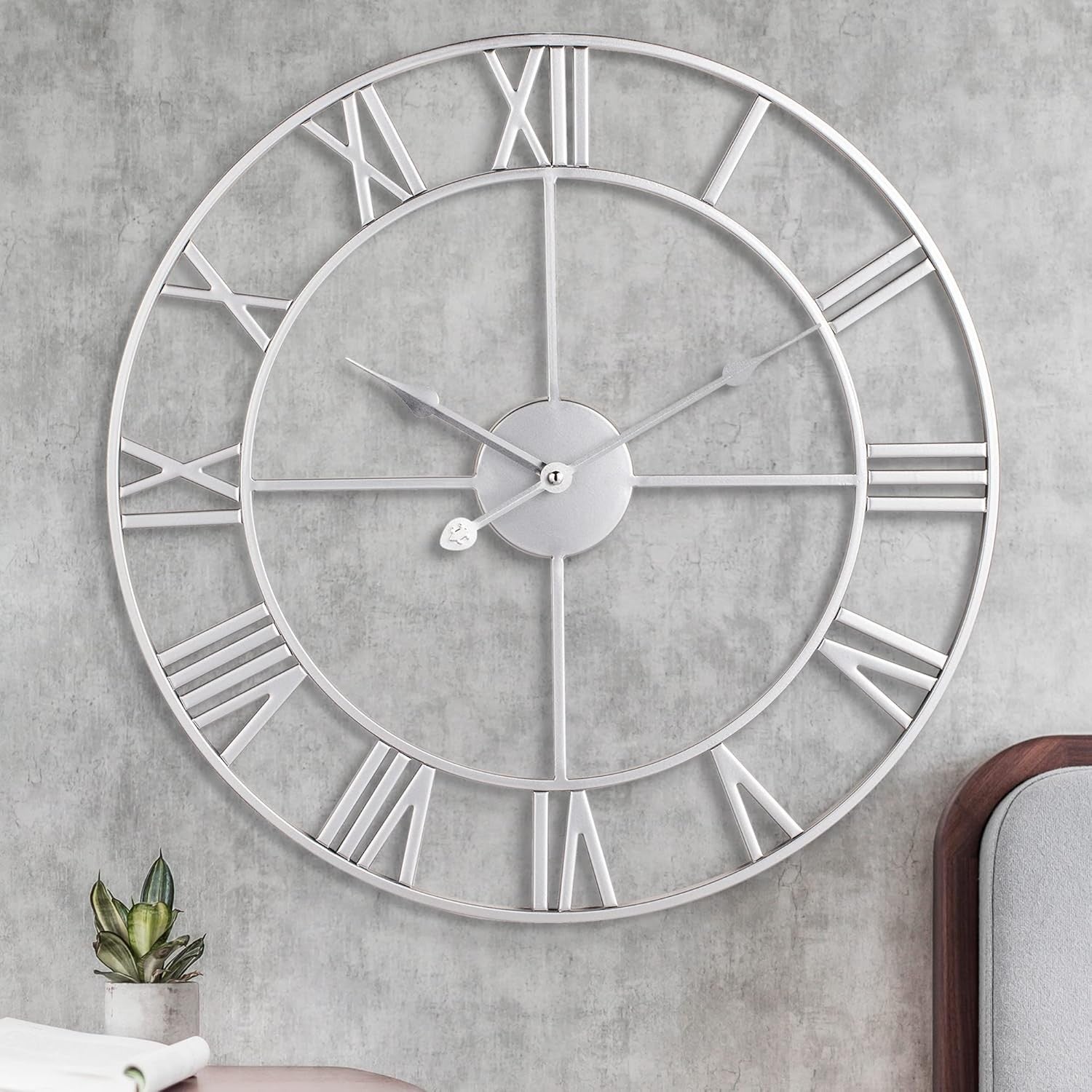 40cm Silver Roman Numeral Wall Clock Large Metal Silent Quartz Modern Decor