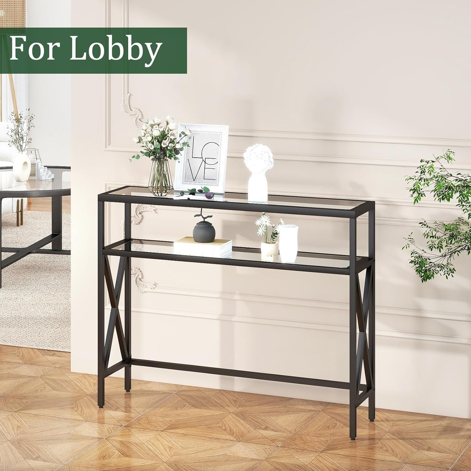 Tempered Glass Console Table Industrial Entryway with Shelves & Adjustable Feet
