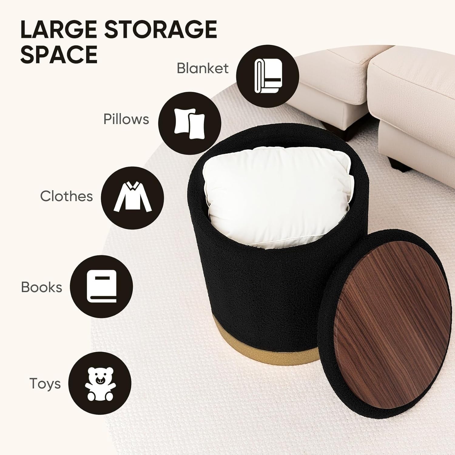 Black Boucle Round Storage Ottoman Folding Footrest with Flip-Top Tray