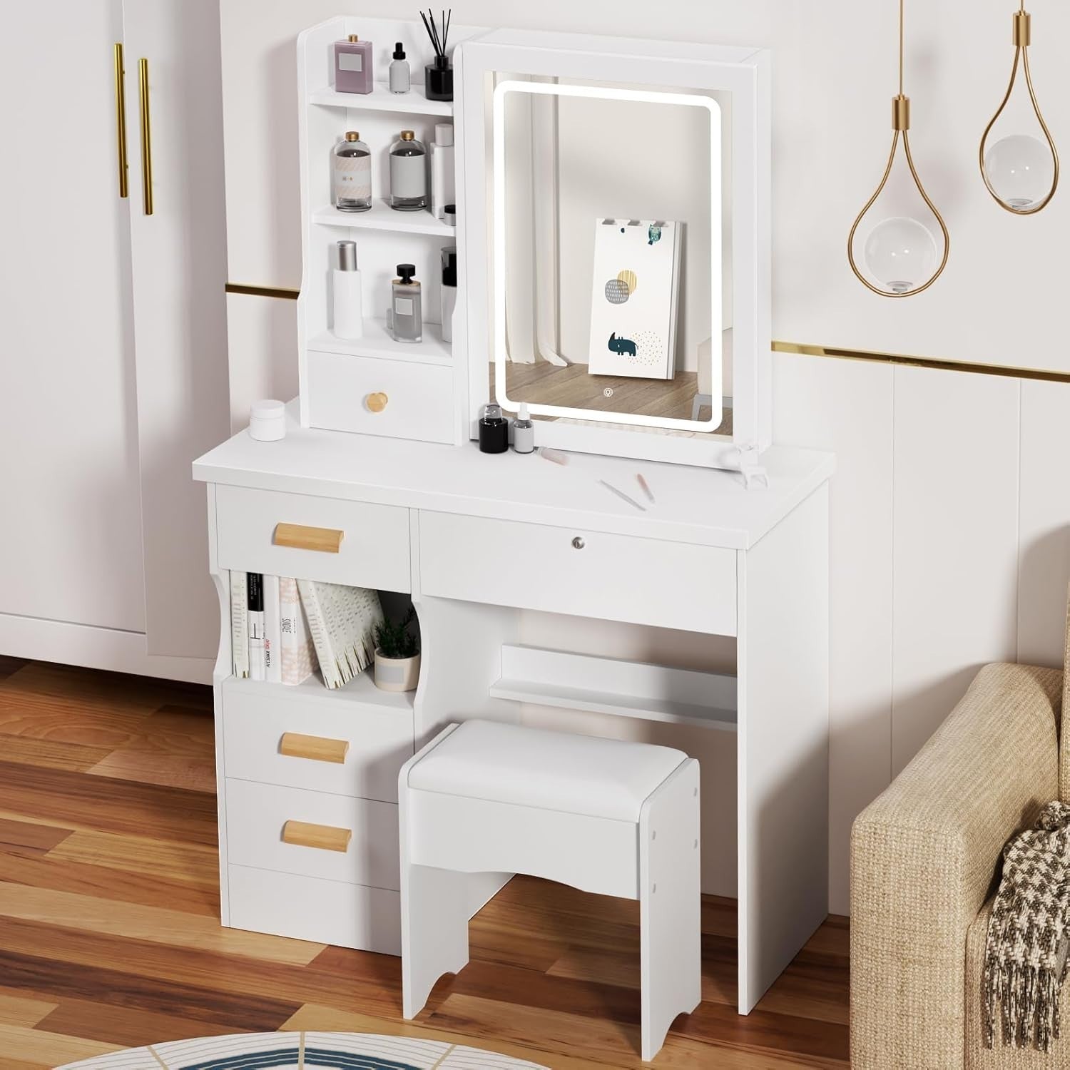 White Dressing Table Makeup Vanity Desk w/Mirror LED Lights Storage Drawers Smal
