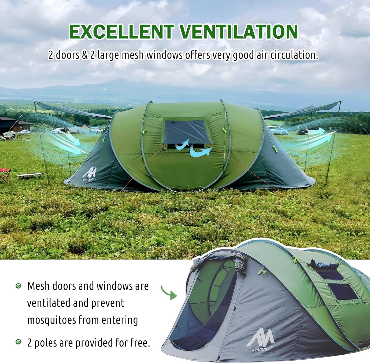 4-6 Man Pop Up Camping Tent Green 4 Season Waterproof