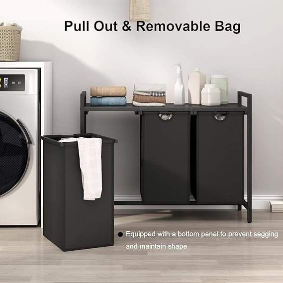 Rustic Brown 3 Section Laundry Hamper with Removable Bags & Wood Top Shelf