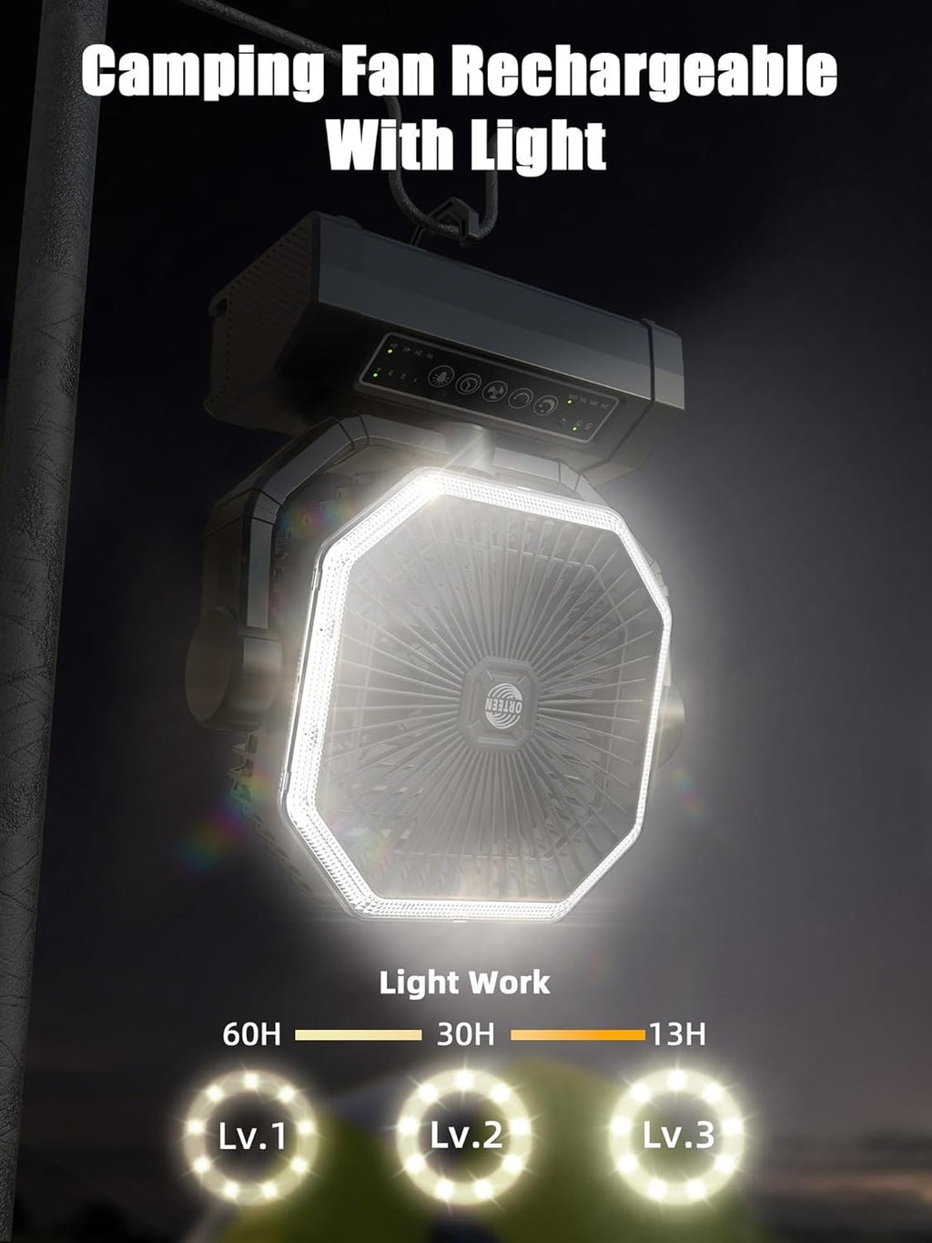 9" Rechargeable Camping Fan – 20000mAh LED 4-Speed w/ Remote for Tent & Travel