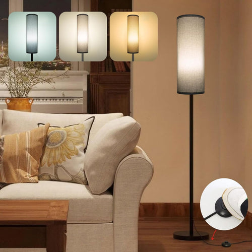 Tall Floor Lamp Grey Fabric Shade Dimmable Standing Light Foot Switch