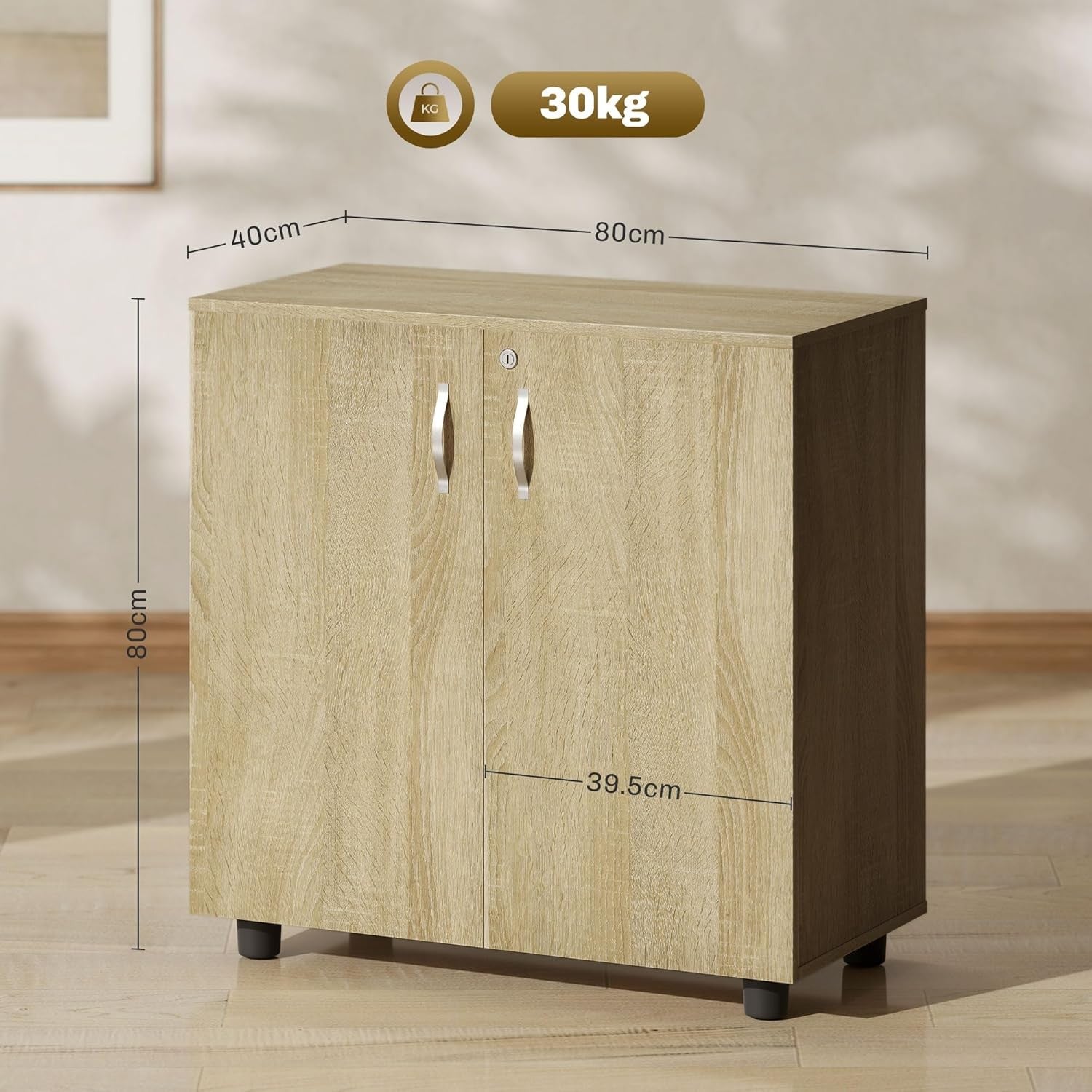 Oak Lockable Filing Cabinet Office Storage Cupboard 2 Door 2 Tier Shelves