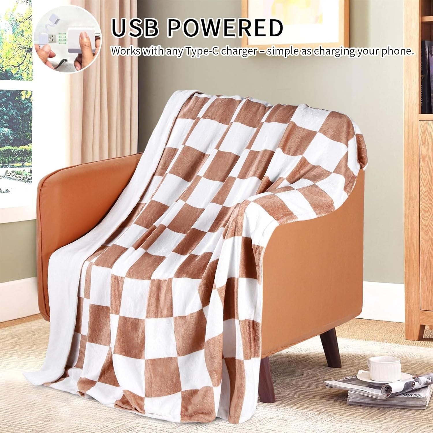 USB Heated Throw Blanket 50x60in Portable Electric Fleece 3 Heat Settings Travel