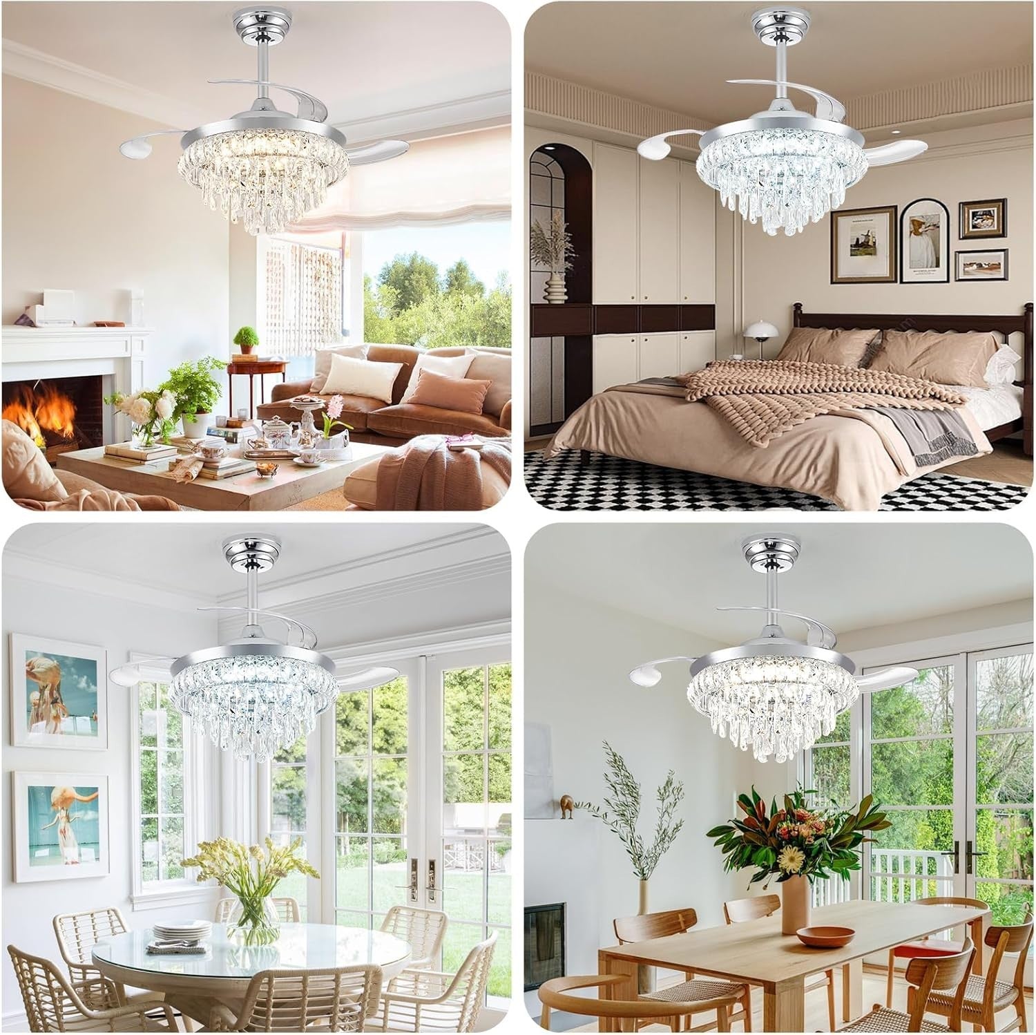 Crystal Ceiling Fan, 6 Speeds, Dimmable LED, Remote, Retractable