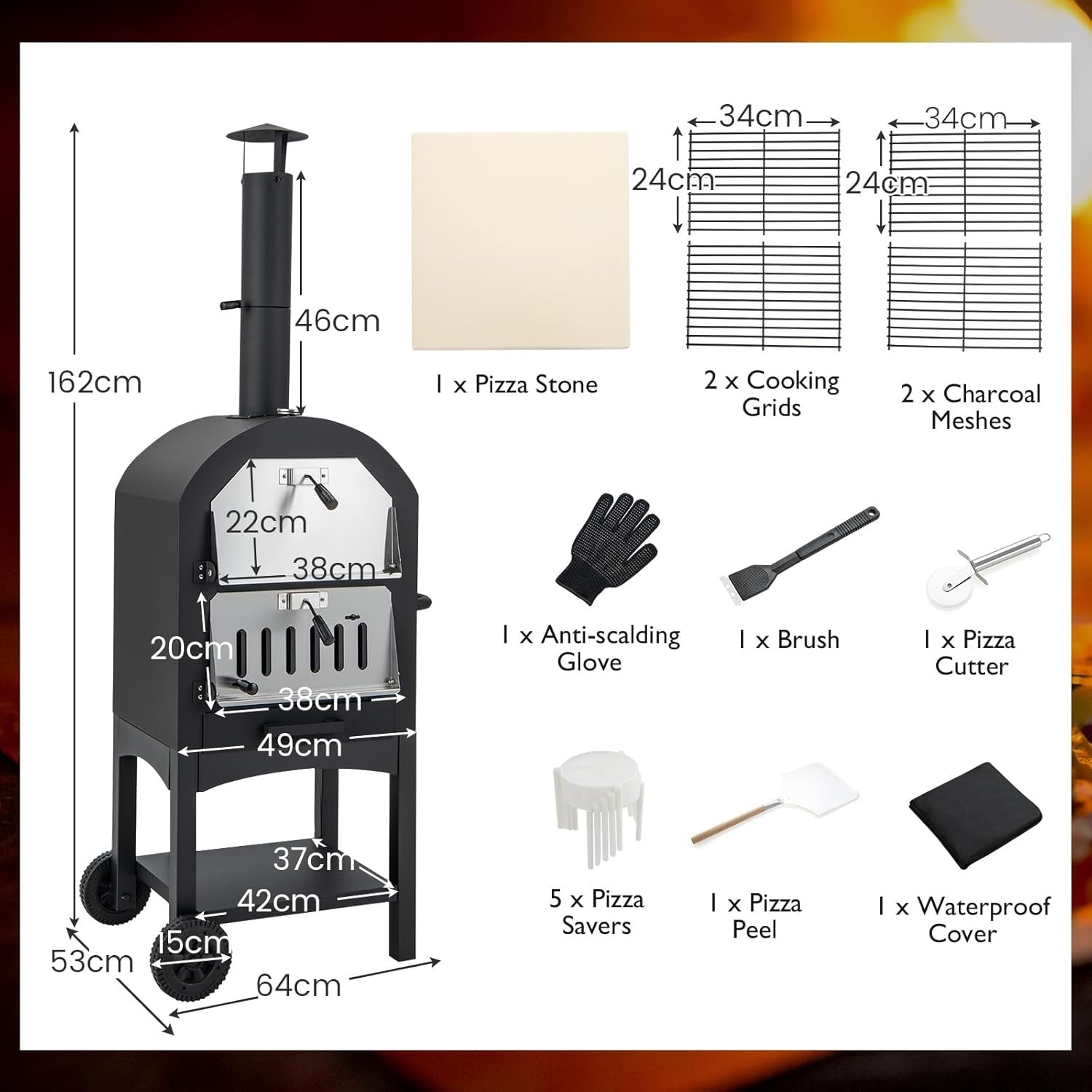 Outdoor Wood Fired Pizza Oven | BBQ Grill w/ Stone, Chimney, Thermometer & Cover