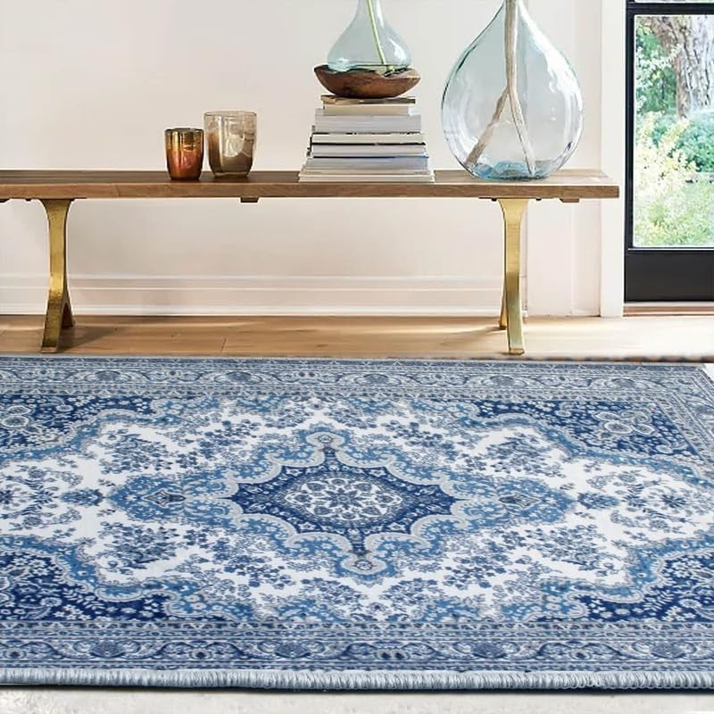 Large Blue Traditional Area Rug 200x290cm Washable Non Slip Living Room Carpet