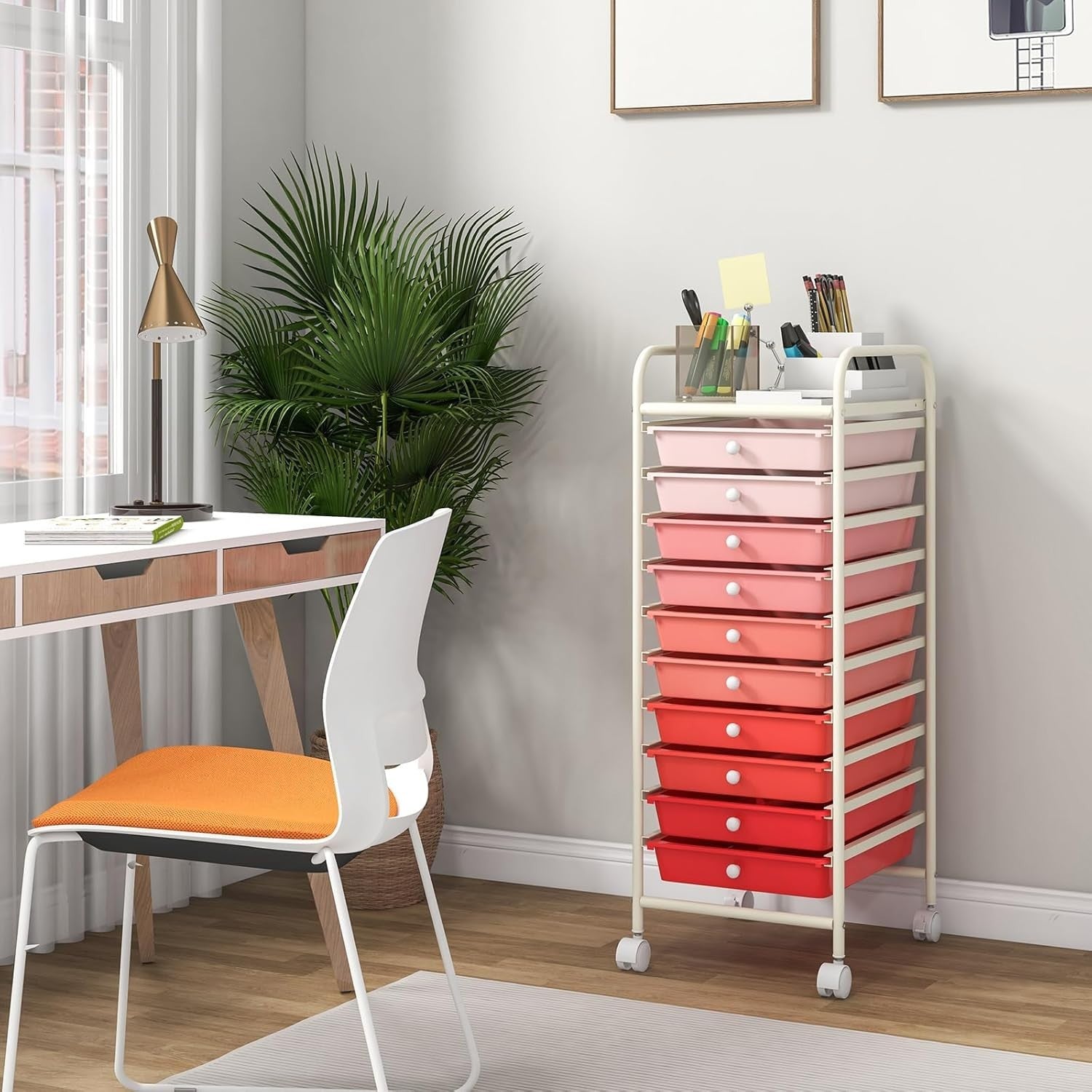 Gradient Pink 10 Drawer Rolling Storage Trolley Craft Beauty Organizer