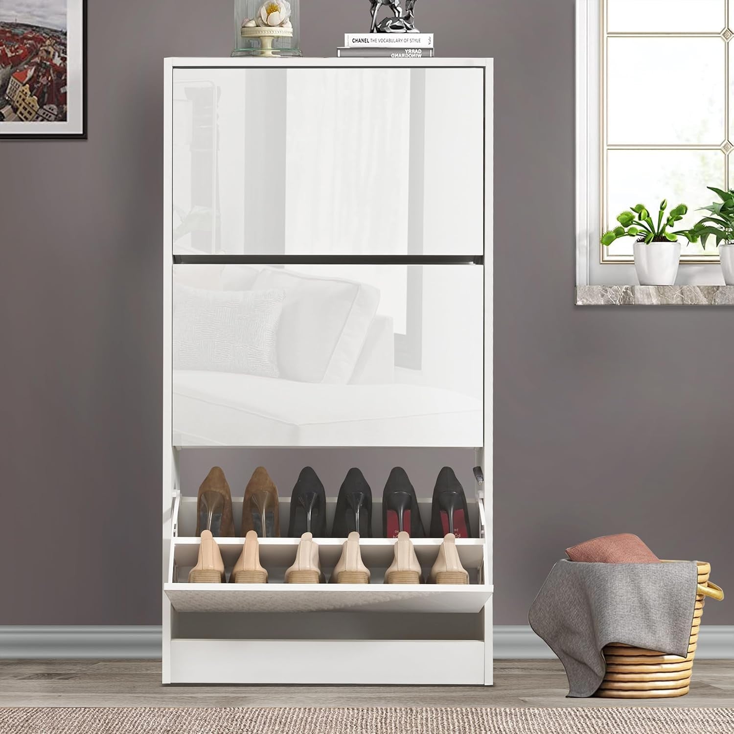 White High Gloss 3 Drawer Shoe Cabinet Modern Slim Storage Unit Hallway