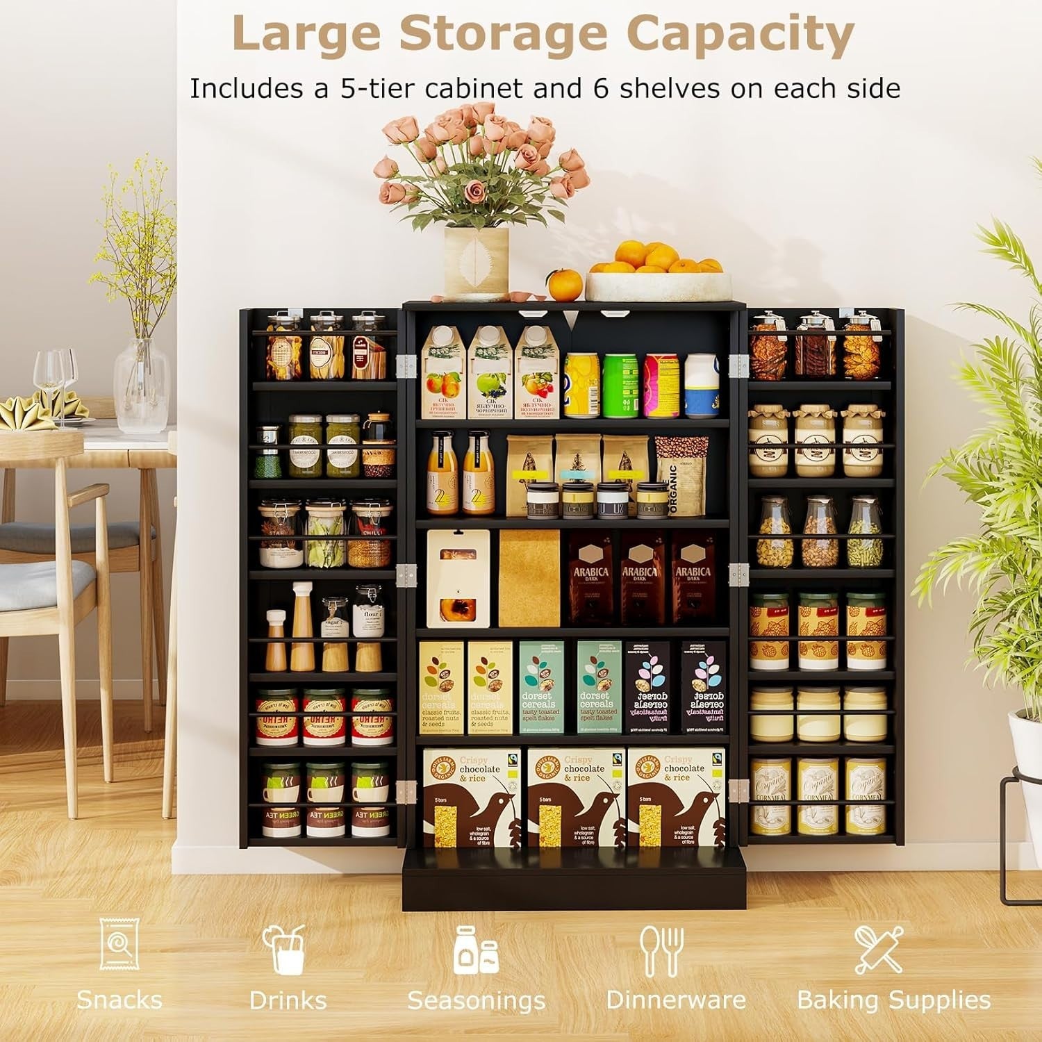 Small Black Pantry Cabinet with 2 Doors and 17 Shelves