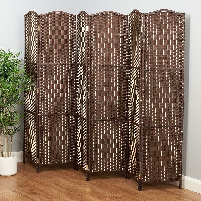 Dark Brown Wicker Folding Room Divider 6 Panel – Rustic Solid Weave Privacy