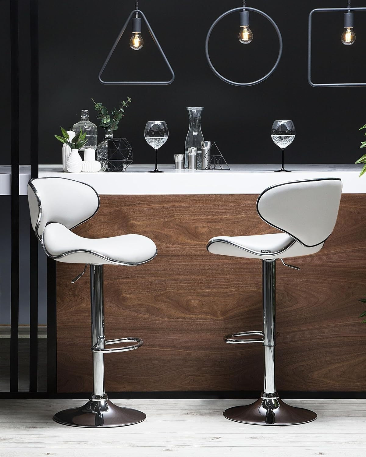 Modern White Bar Stools Set of 2 | Faux Leather Seat, Adjustable Swivel