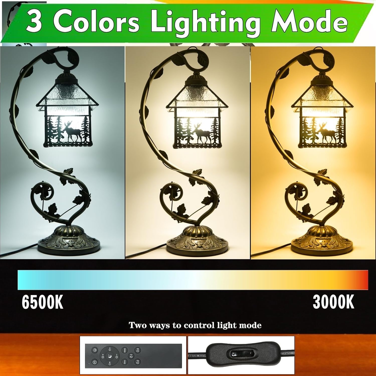 Stepless Dimmable Stained Glass Table Lamp with Remote & 3 Color Temps