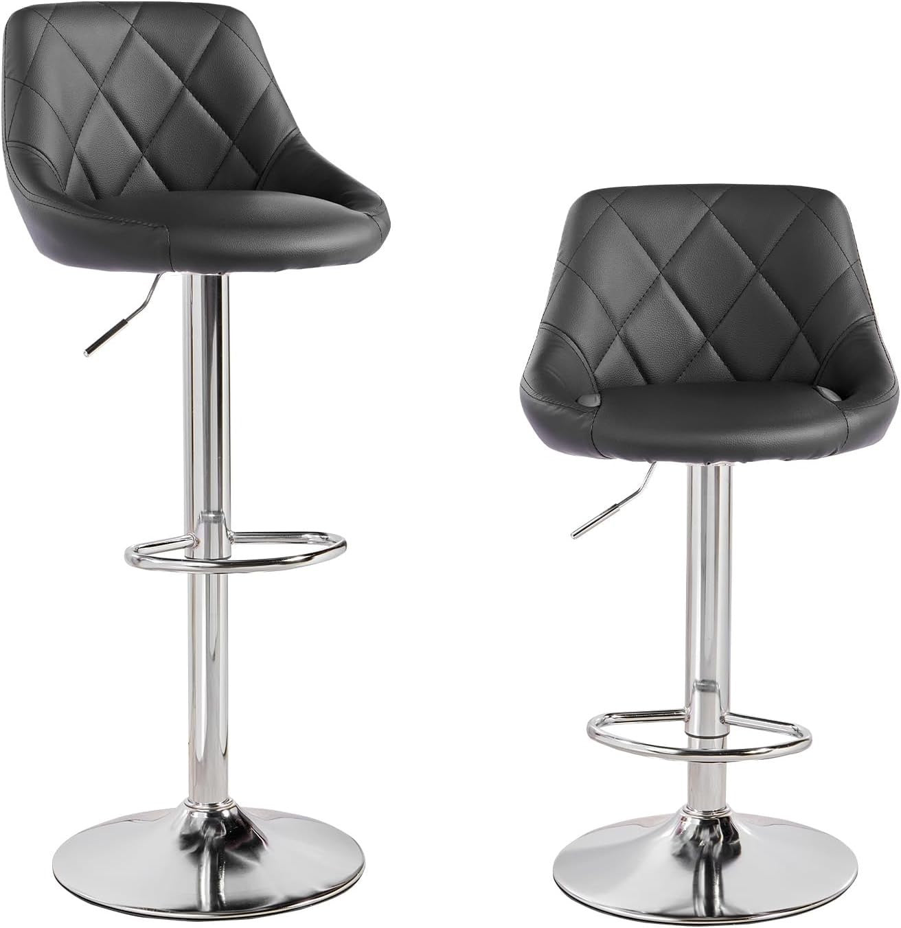 Pair of Adjustable Swivel Bar Stools in Black with Rectangular Design