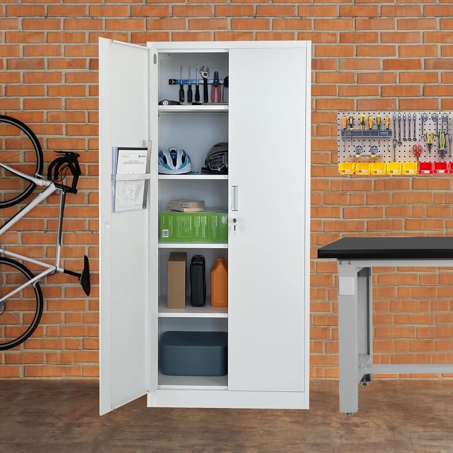 Tall Metal Storage Cabinet Lockable 4 Shelf Office Garage Pantry