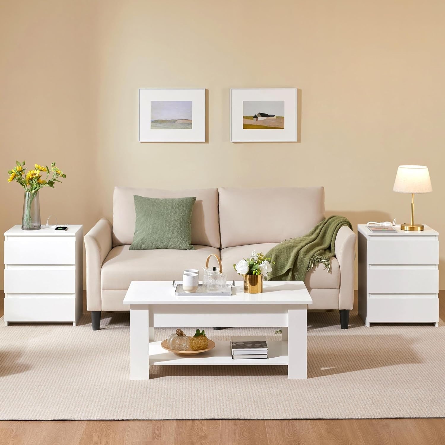 Set of 2 Modern Bedside Tables with USB Charging Ports | 3 Drawer