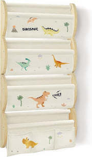 4-Tier Wall Mounted Kids Bookshelf with 3 Pockets & Fabric Sling, Dinosaur