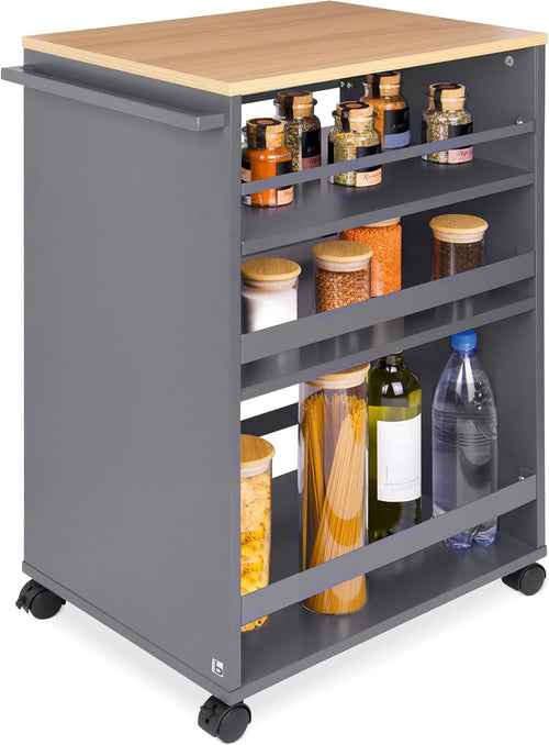 Kitchen Cart Trolley on Wheels 3 Tier Adjustable Shelves Wooden Worktop