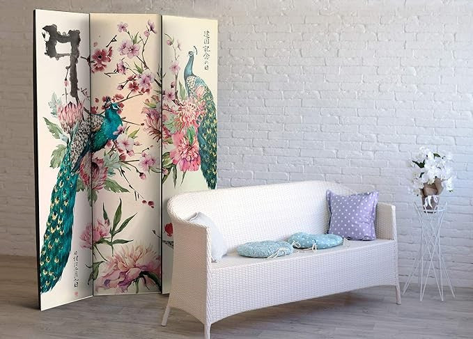 Oriental Peacock Room Divider 135x172cm Folding Double-Sided Screen