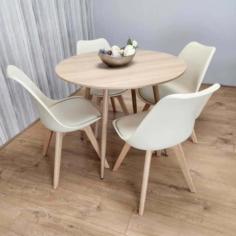 Round Wooden Dining Table Set with 4 White Chairs for Kitchen or Home